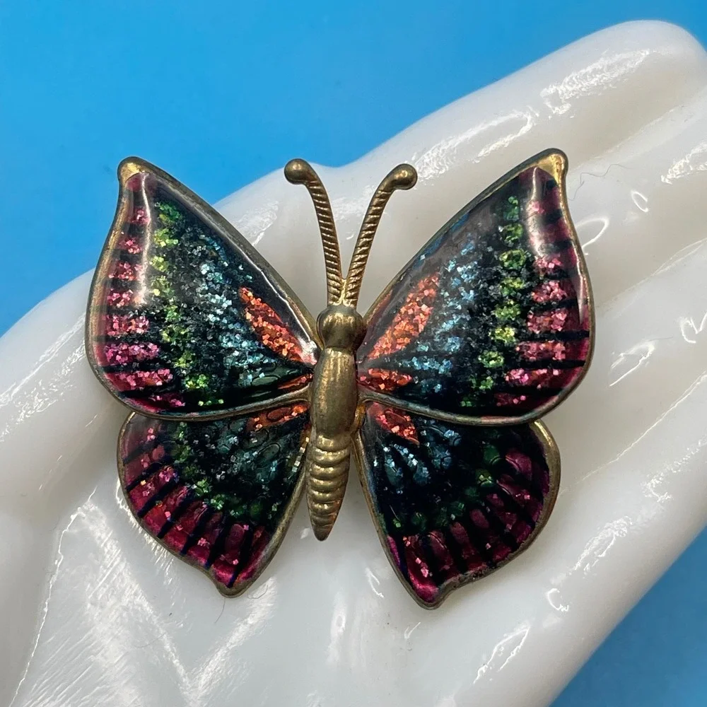 Butterfly Brooch Pin Set Multicolor Enamel Glitter Gold Tone Vintage 2pc 80s 90s